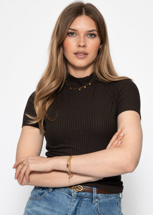 Ribbed T-shirt with stand-up collar - brown