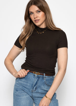 Ribbed T-shirt with stand-up collar - brown