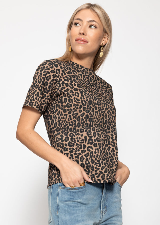 T-Shirt mit Leo-Print - braun