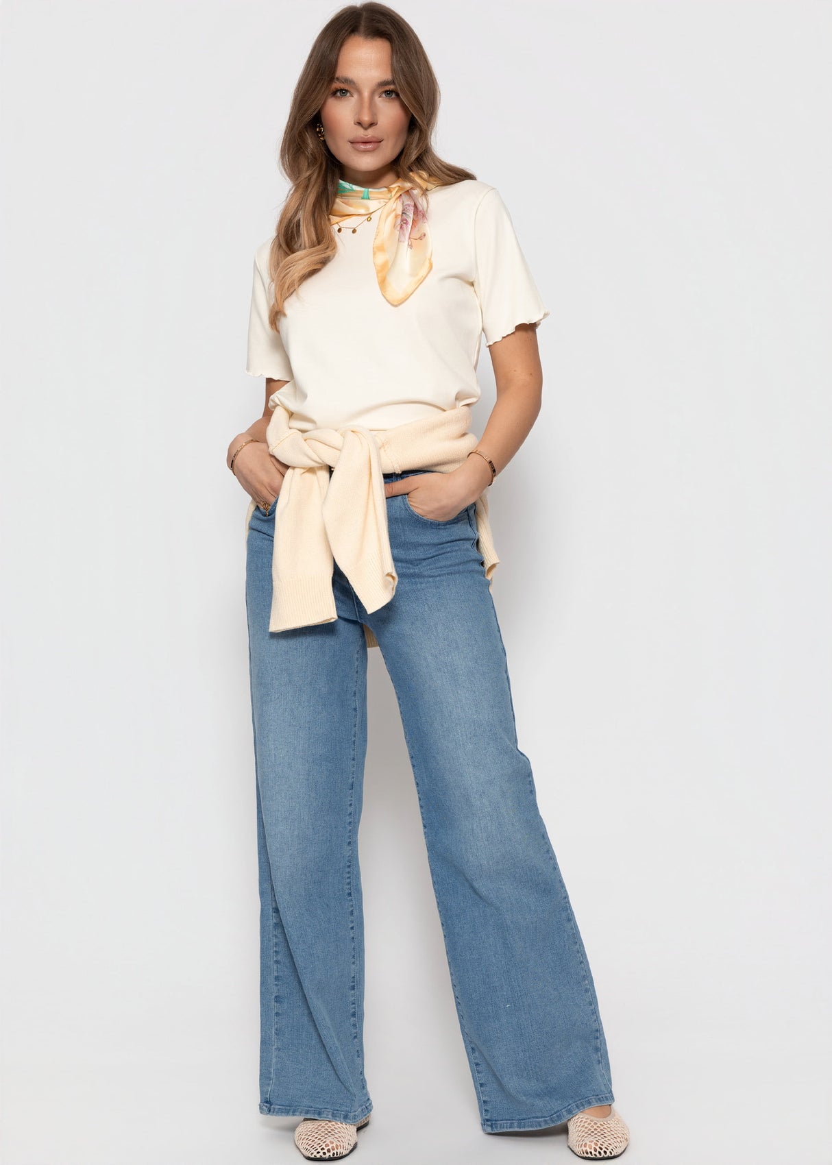 T-Shirt mit Wellenkante - offwhite