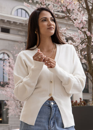 Fitted cardigan with button placket - off-white