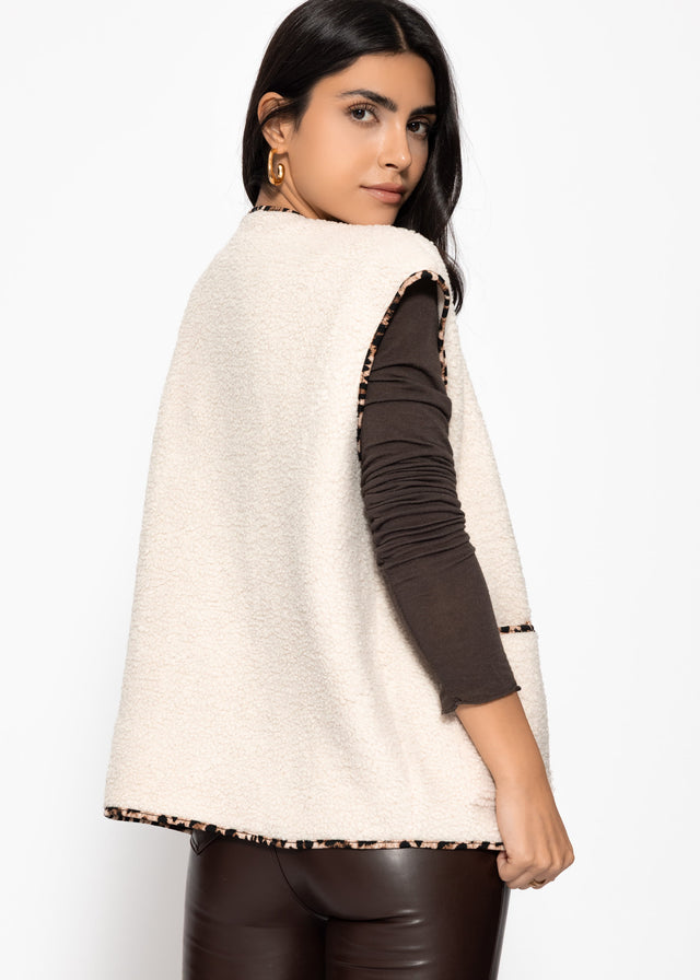 Teddy fleece gilet with leopard print trim - beige