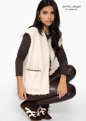 Teddy vest with leopard print trim - beige