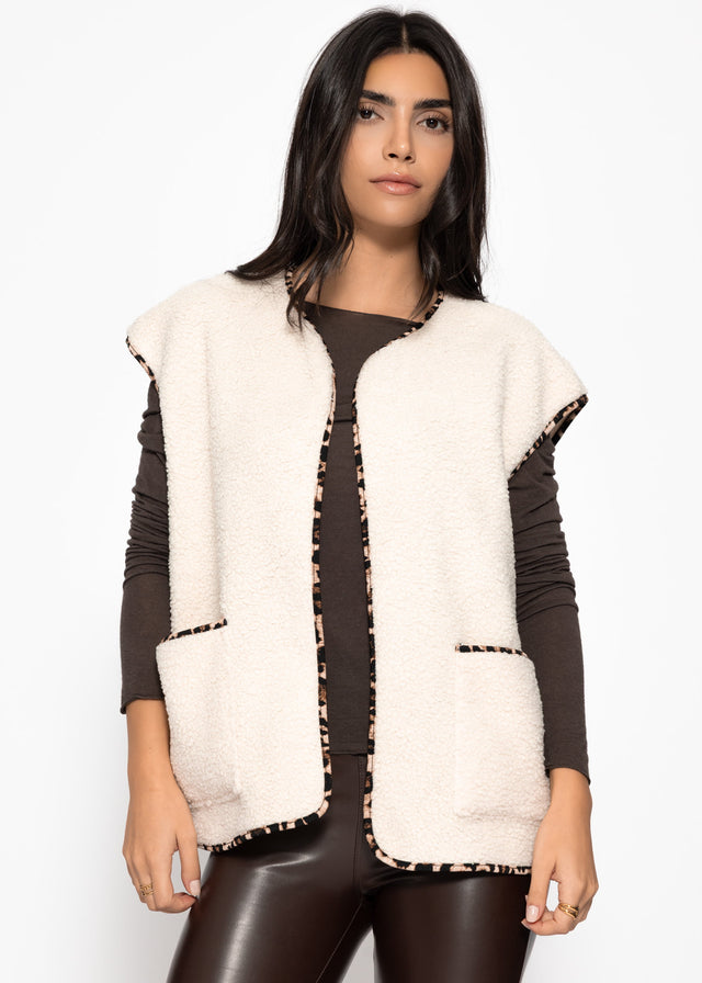 Teddy fleece gilet with leopard print trim - beige