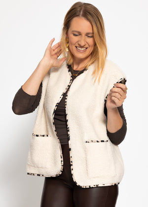 Teddy vest with leopard print trim - beige