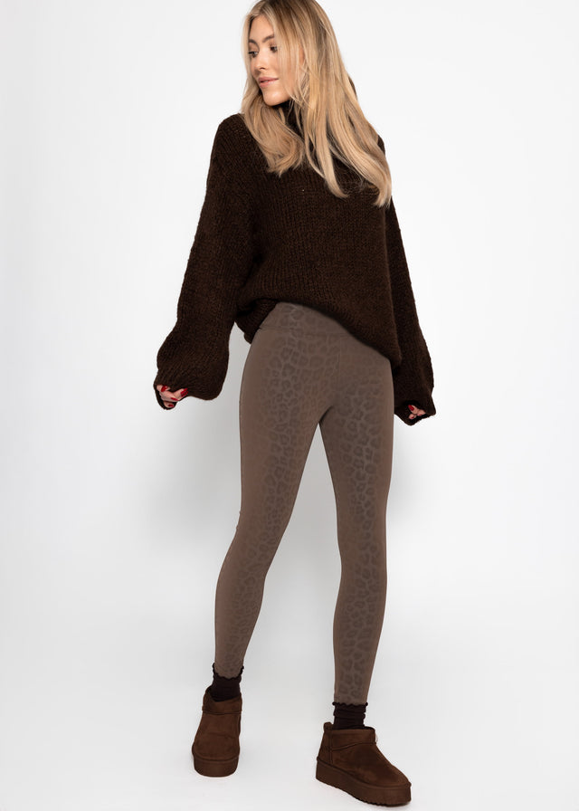 Thermal faux leather leggings with leopard print - brown