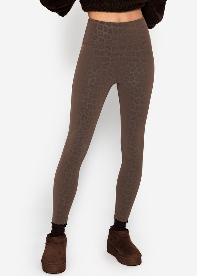 Thermal faux leather leggings with leopard print - brown