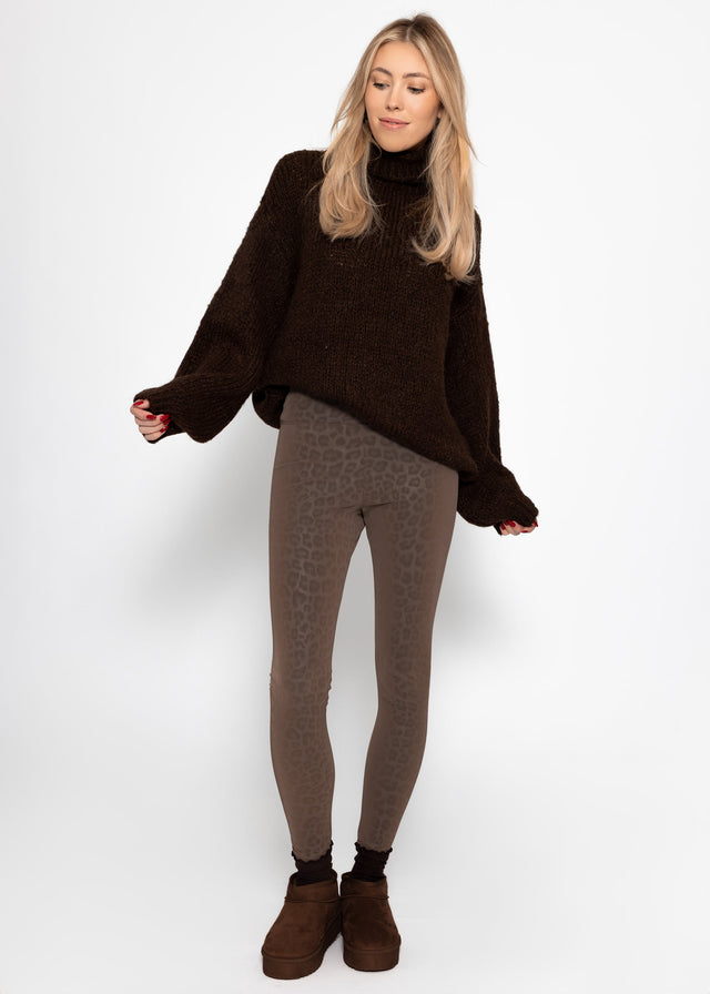 Thermal faux leather leggings with leopard print - brown
