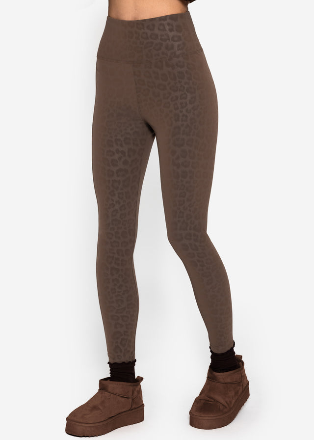 Thermal faux leather leggings with leopard print - brown