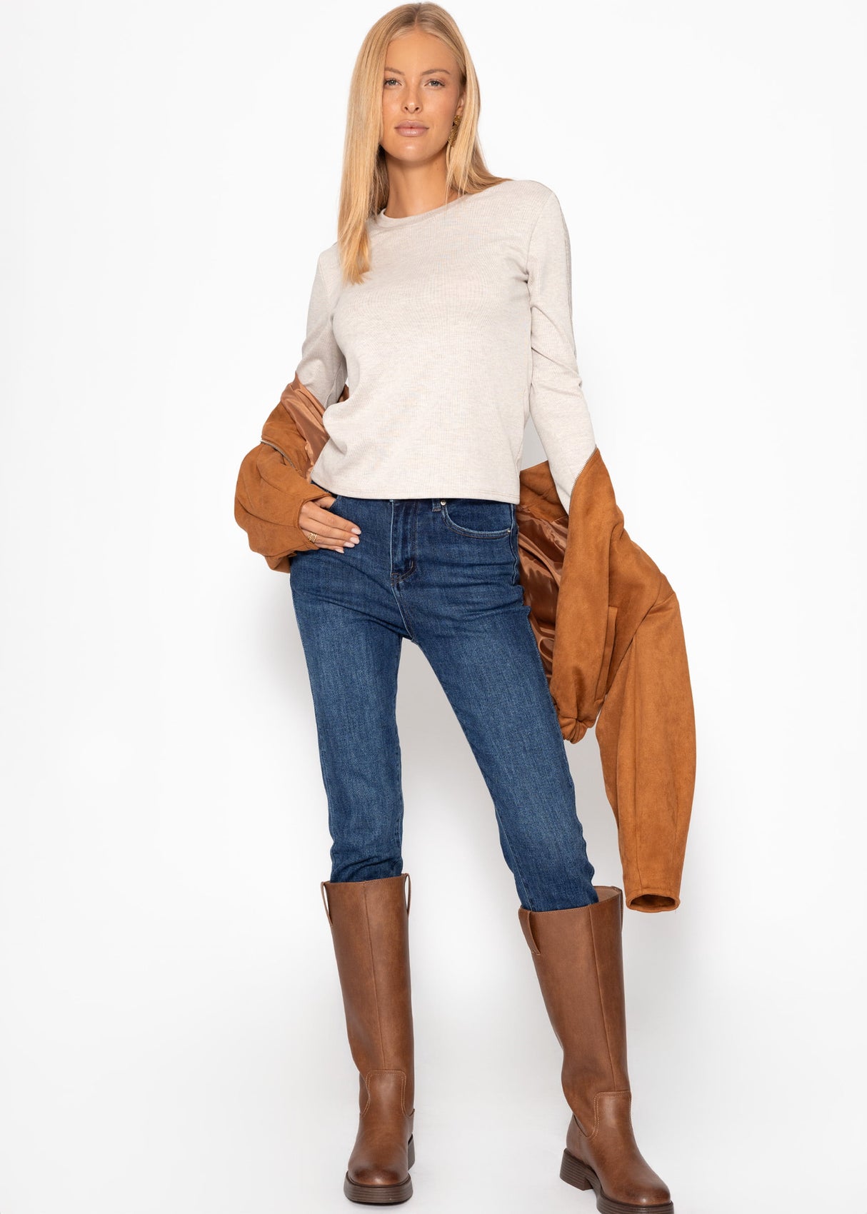 Thermo Langarmshirt mit Kontrast an den Ärmeln - hellbeige