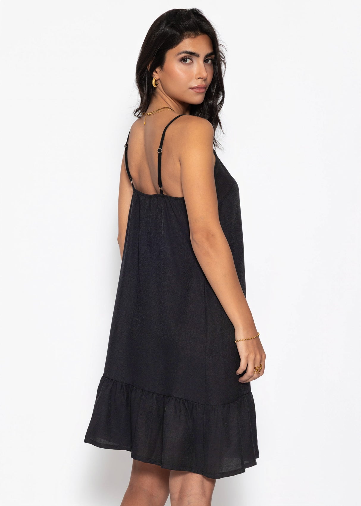 Trägerkleid mit Volant - schwarz