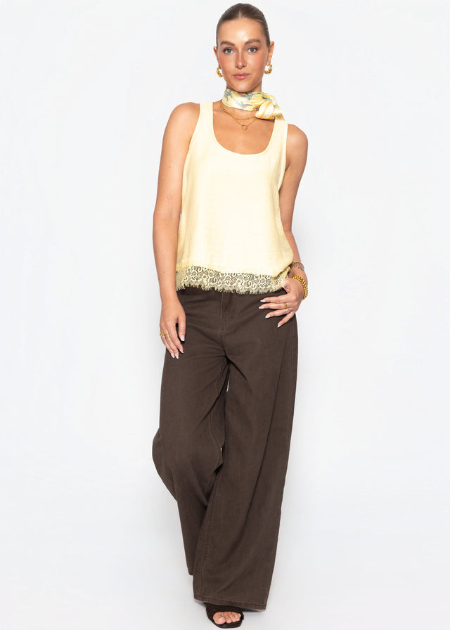 Sleeveless top with lace trim - butter yellow
