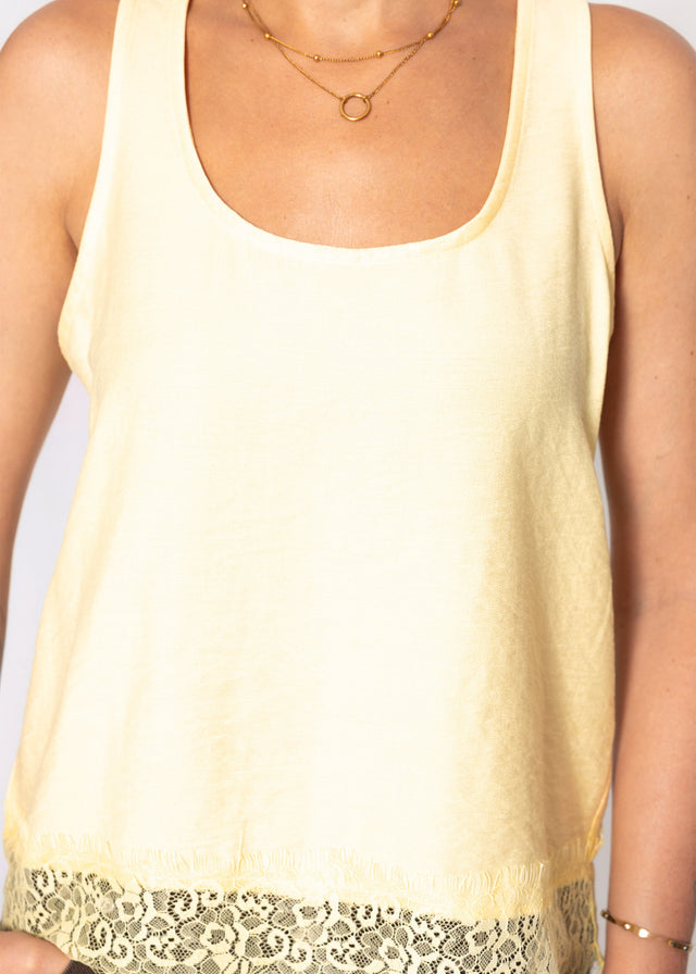 Sleeveless top with lace trim - butter yellow