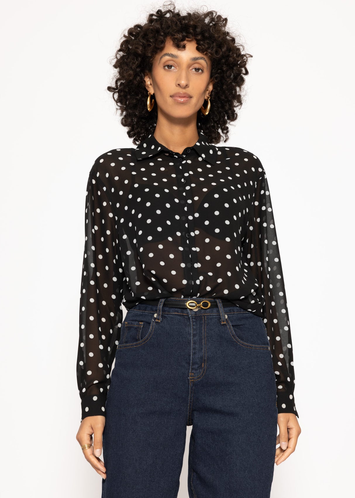 Transparente Bluse mit Pünktchenprint - schwarz