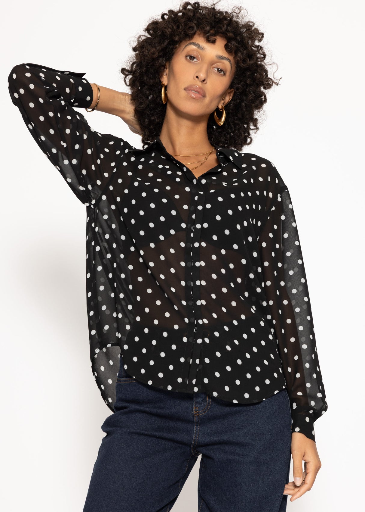 Transparente Bluse mit Pünktchenprint - schwarz