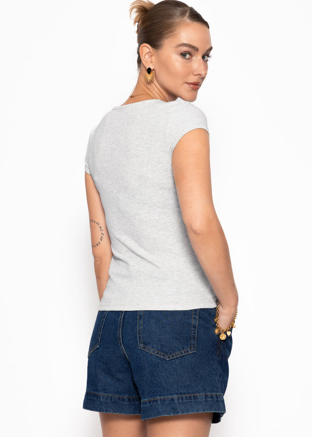 Geripptes T-Shirt mit Knopfleiste - hellgrau