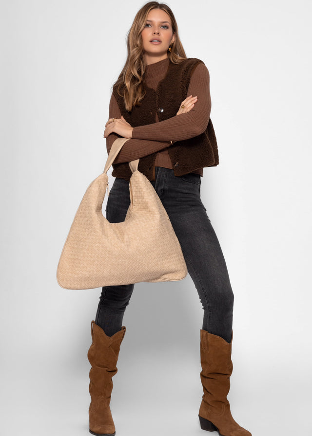 Woven faux suede shoulder bag - beige