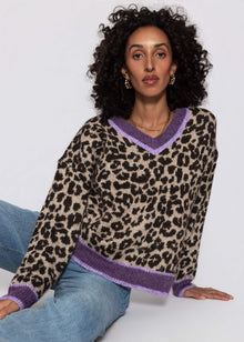 V-Ausschnitt Strickpullover mit Leopardenmuster - lila-flieder
