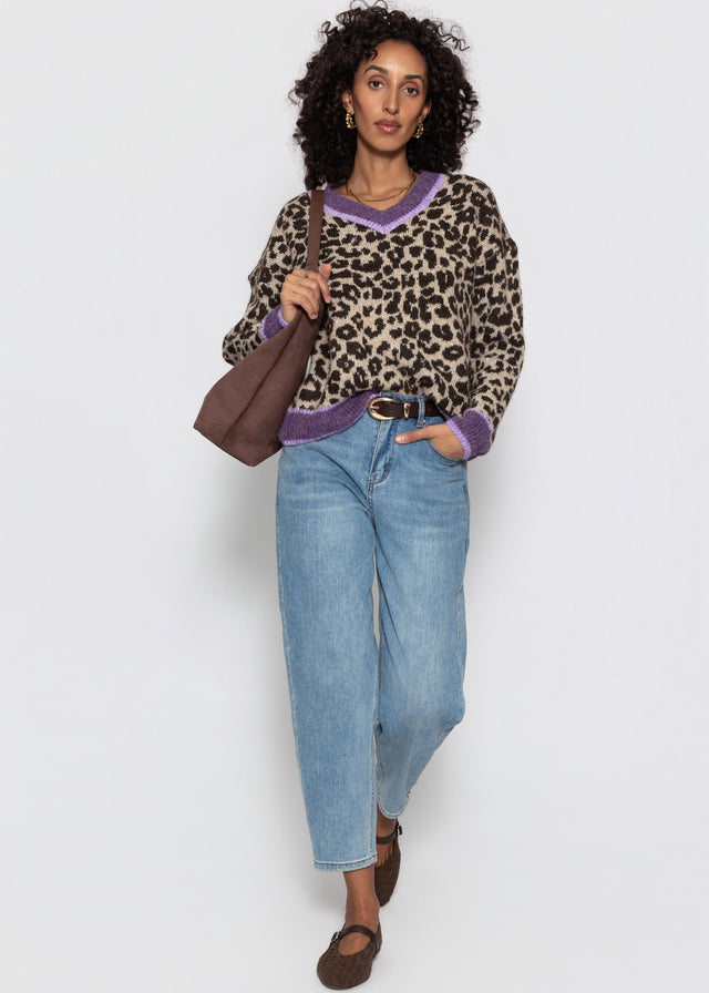 V-Ausschnitt Strickpullover mit Leopardenmuster - lila-flieder