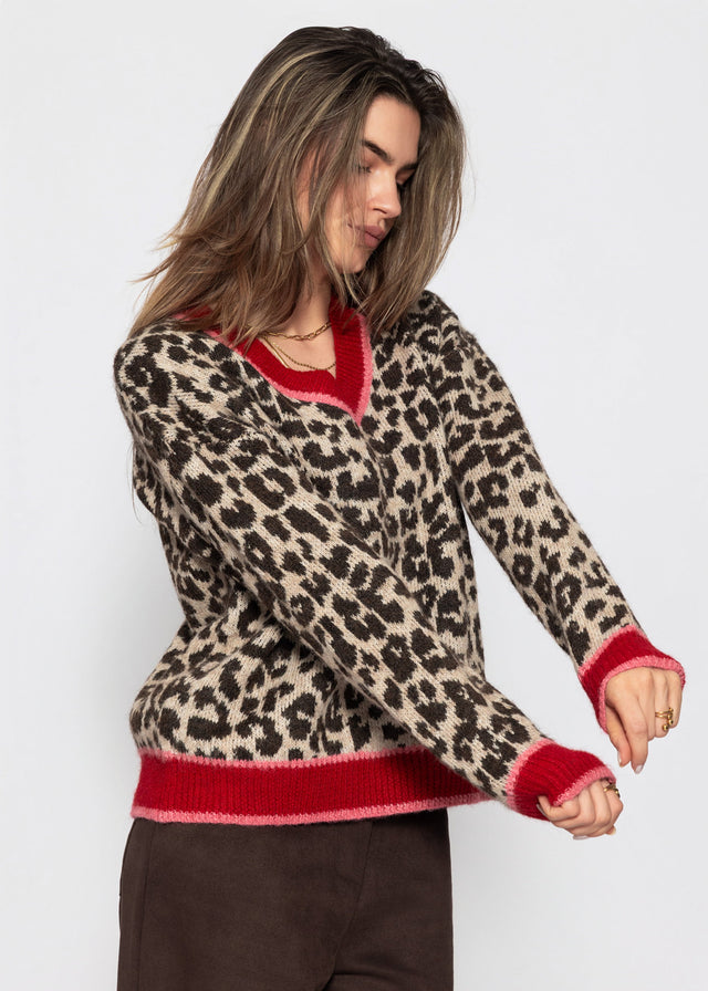 V-Ausschnitt Strickpullover mit Leopardenmuster - rot-pink