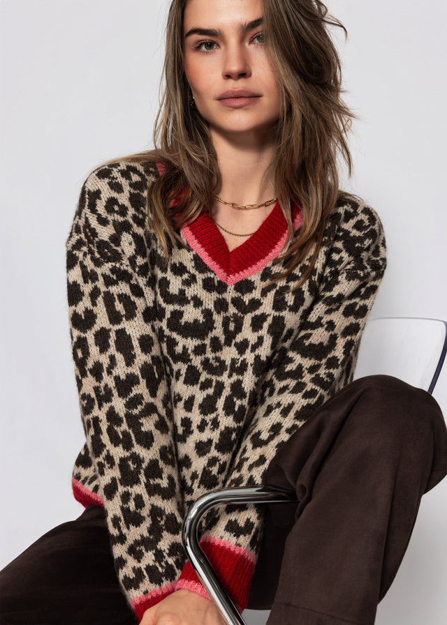 V-Ausschnitt Strickpullover mit Leopardenmuster - rot-pink