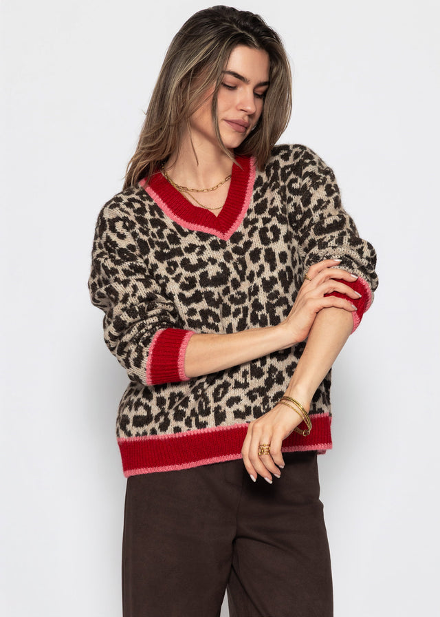 V-Ausschnitt Strickpullover mit Leopardenmuster - rot-pink