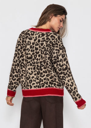 V-Ausschnitt Strickpullover mit Leopardenmuster - rot-pink