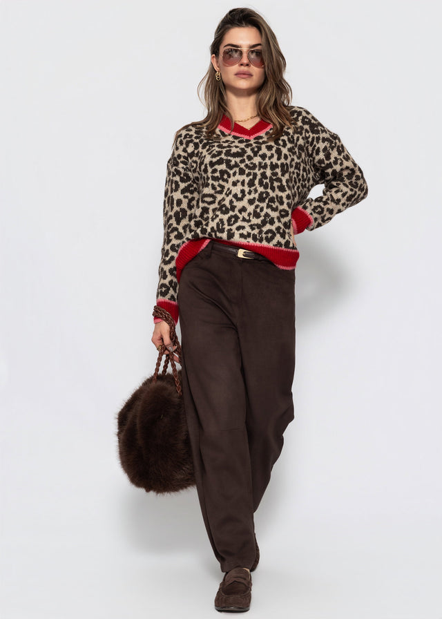 V-Ausschnitt Strickpullover mit Leopardenmuster - rot-pink