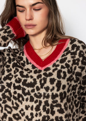 V-Ausschnitt Strickpullover mit Leopardenmuster - rot-pink