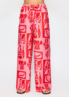 Viskose Schlupfhose mit Kunstprint - pink-rot