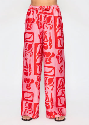 Viskose Schlupfhose mit Kunstprint - pink-rot