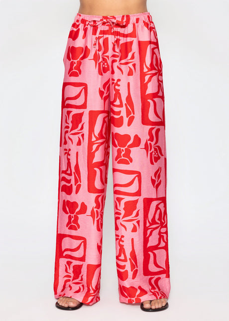 Viskose Schlupfhose mit Kunstprint - pink-rot