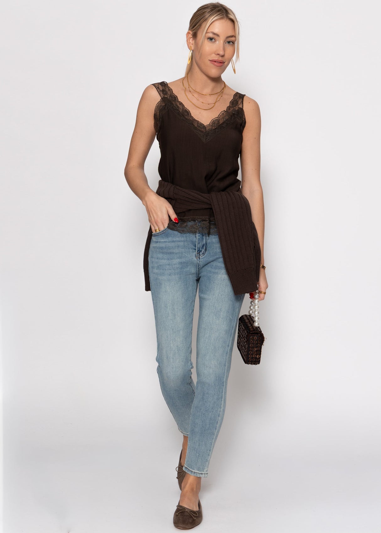 Viskose Top mit Spitze - braun