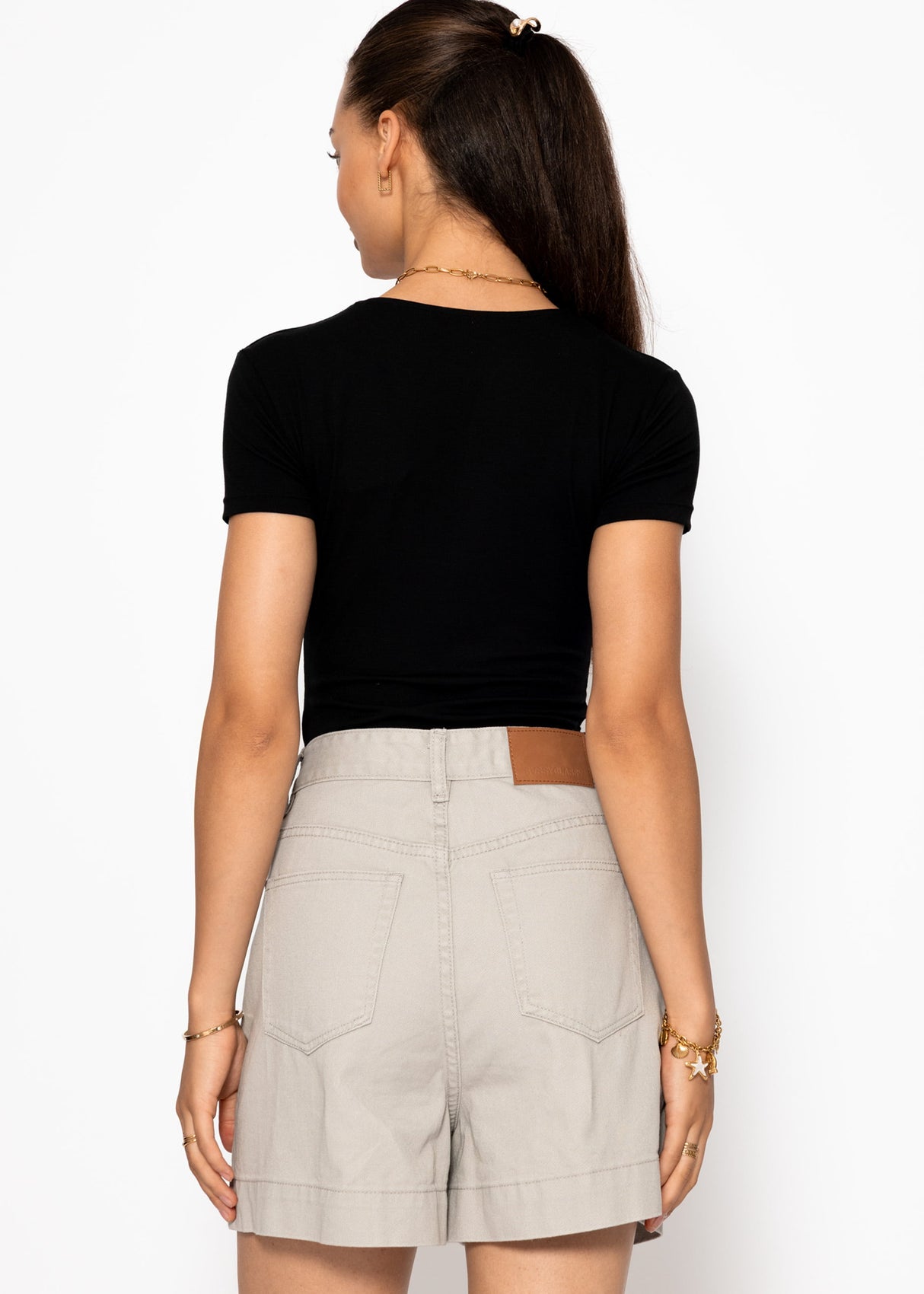 Weite High Waist Jeans Shorts - greige