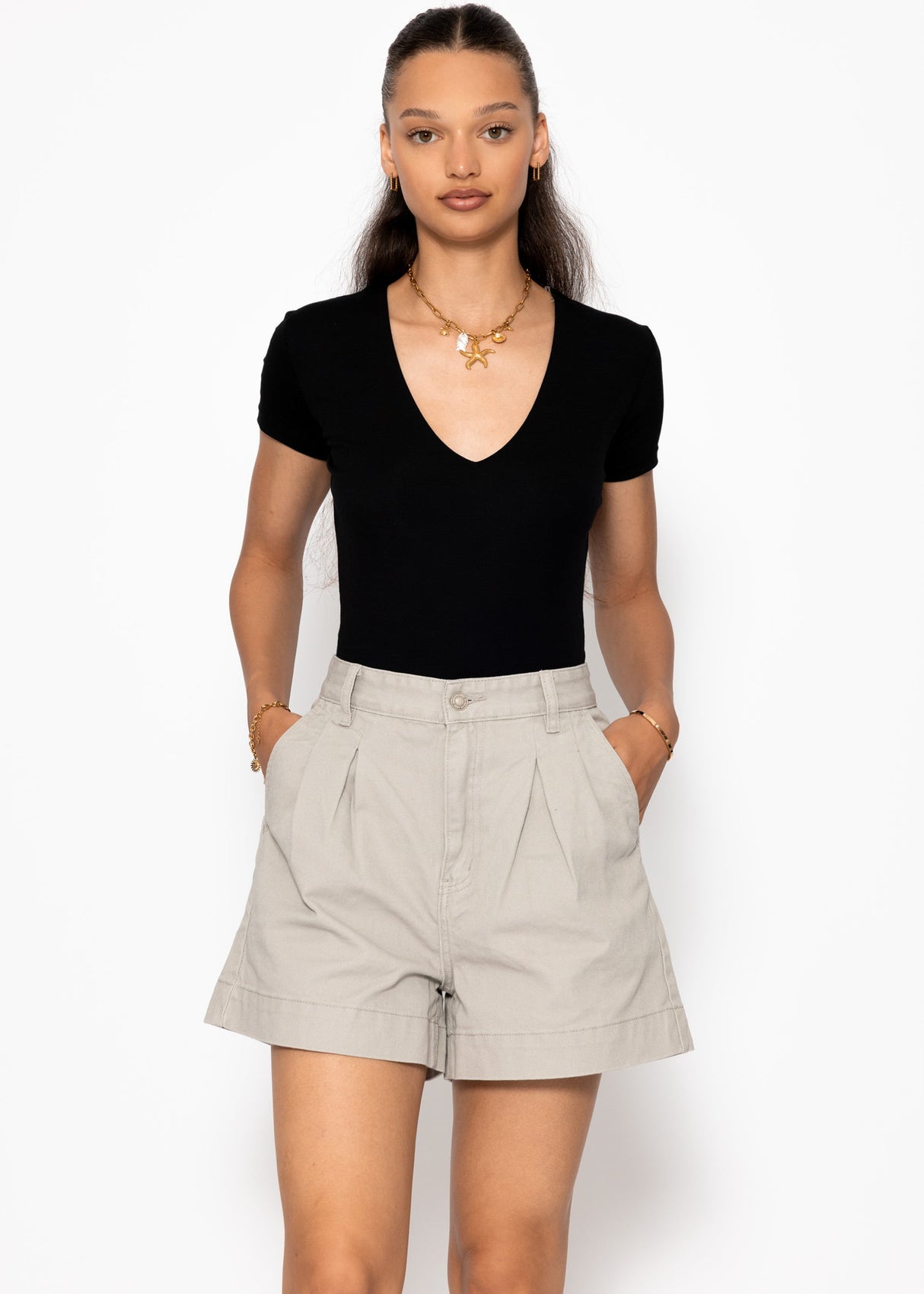 Weite High Waist Jeans Shorts - greige