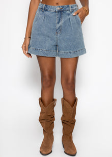 Wide high-waisted denim shorts - light blue