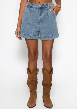 Wide high-waisted denim shorts - light blue