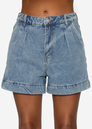 Wide high-waisted denim shorts - light blue