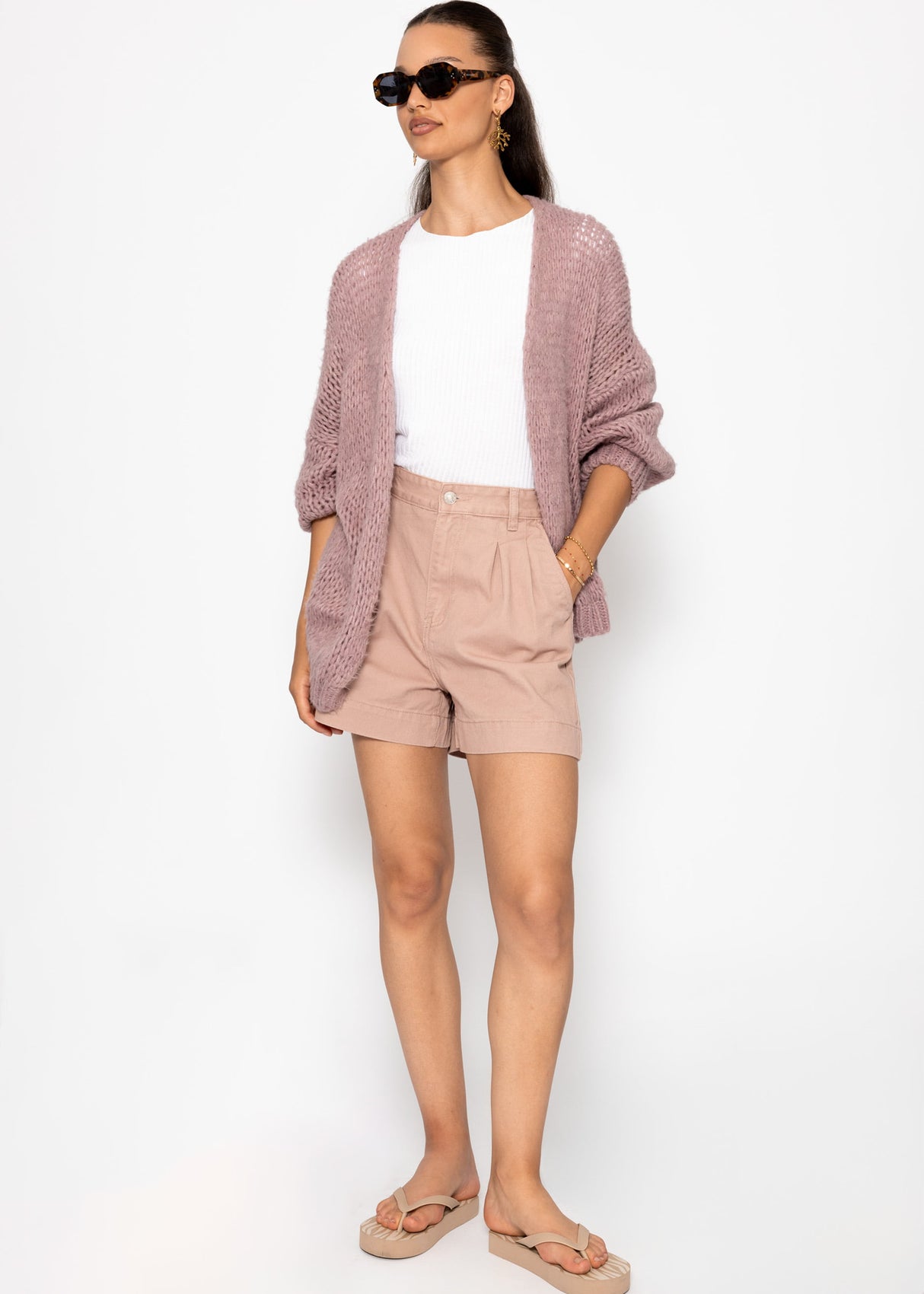 Weite High Waist Jeans Shorts - rosa