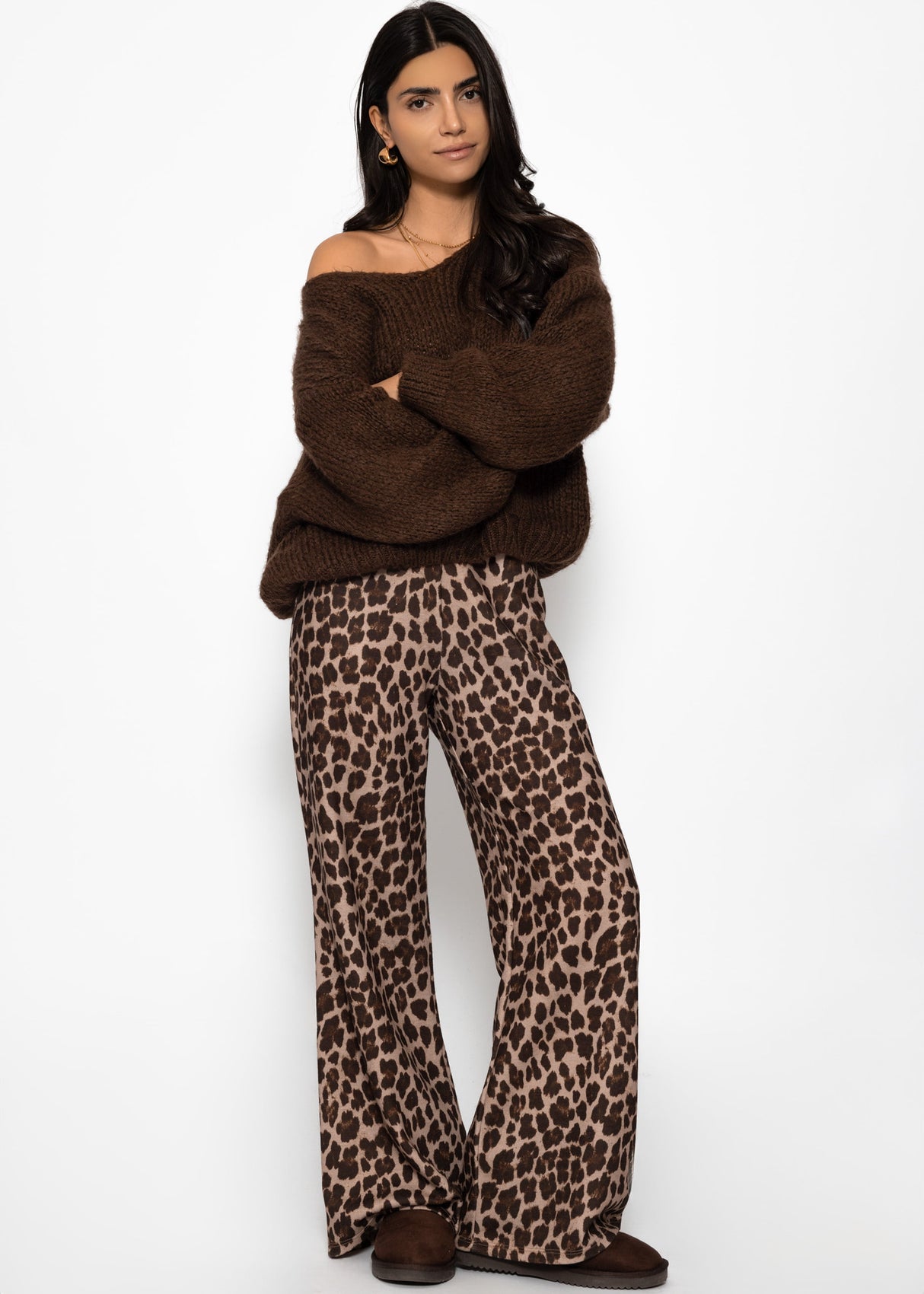 Wide jersey pants with leopard print - beige