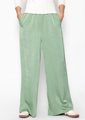 Weite Satin Hose mit Crinkle-Struktur - pistaziengrün
