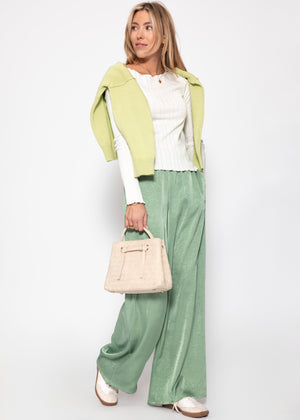 Weite Satin Hose mit Crinkle-Struktur - pistaziengrün