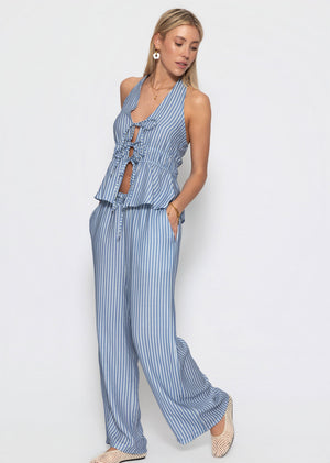 Wide Leg Hose mit Streifen und Bindeband - blau