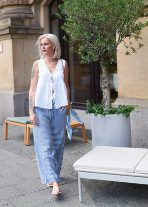 Wide Leg Hose mit Streifen und Bindeband - blau