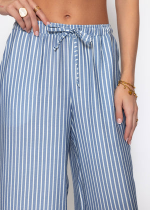 Wide Leg Hose mit Streifen und Bindeband - blau