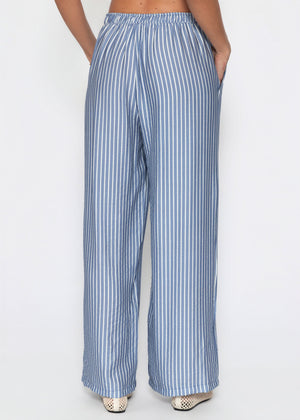 Wide Leg Hose mit Streifen und Bindeband - blau