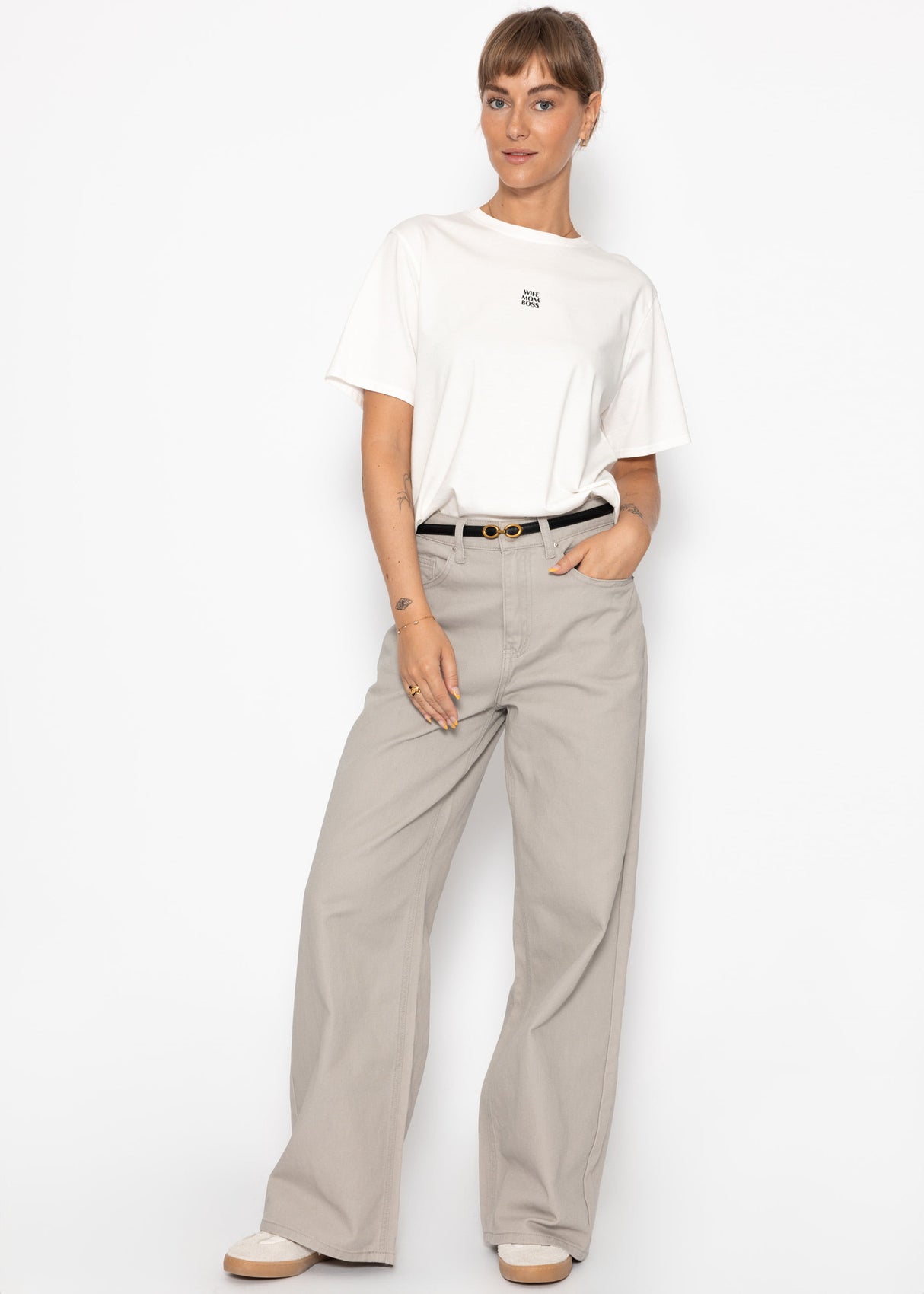 Wide Leg Jeans mit hohem Bund - greige