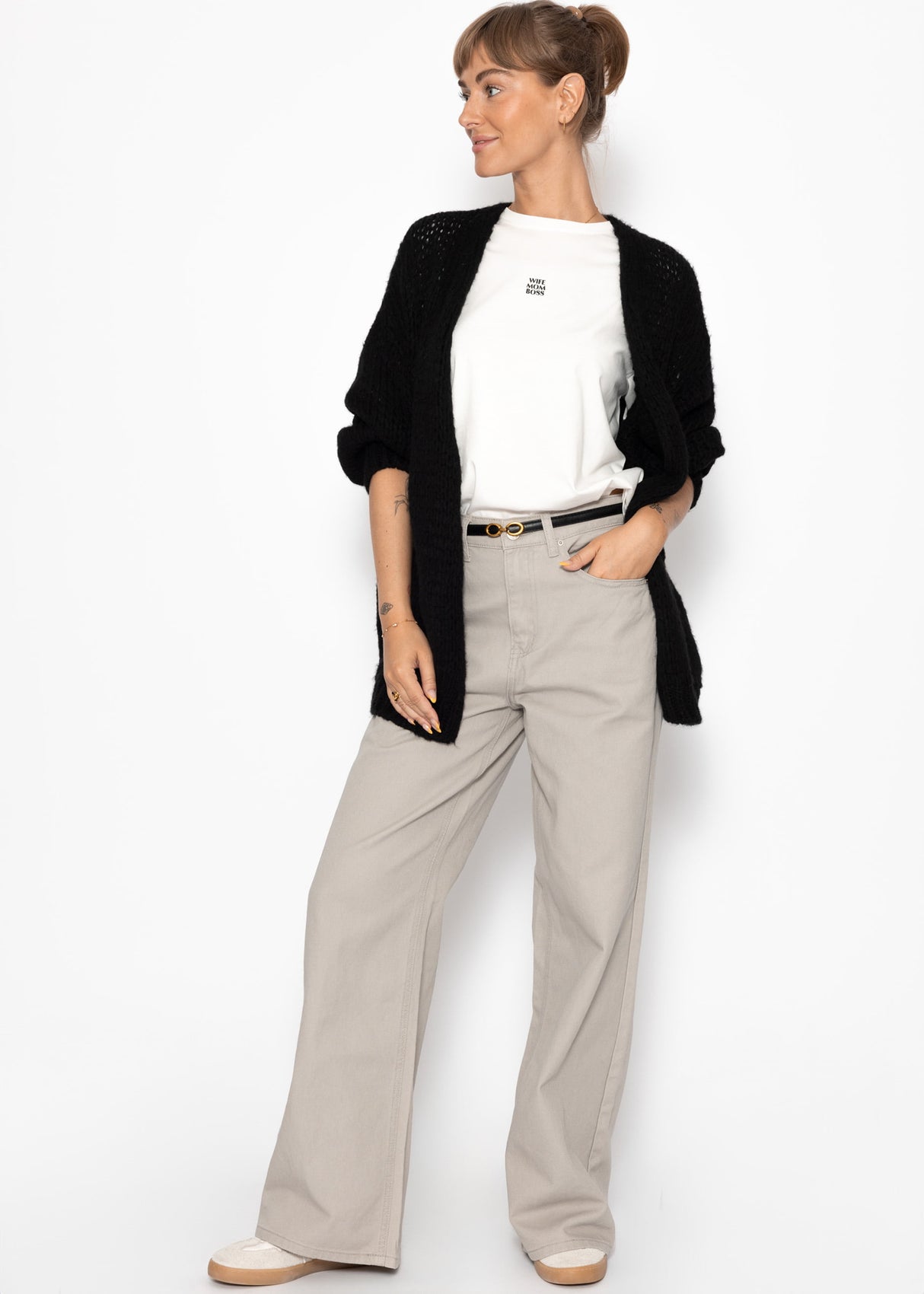 Wide Leg Jeans mit hohem Bund - greige