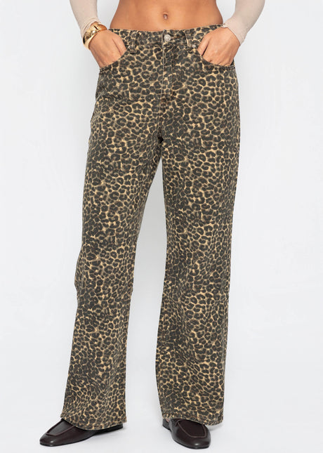 Wide Leg Jeans mit hohem Bund in Leo-Print - braun