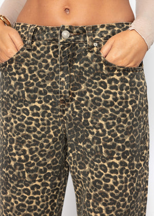 Wide Leg Jeans mit hohem Bund in Leo-Print - braun